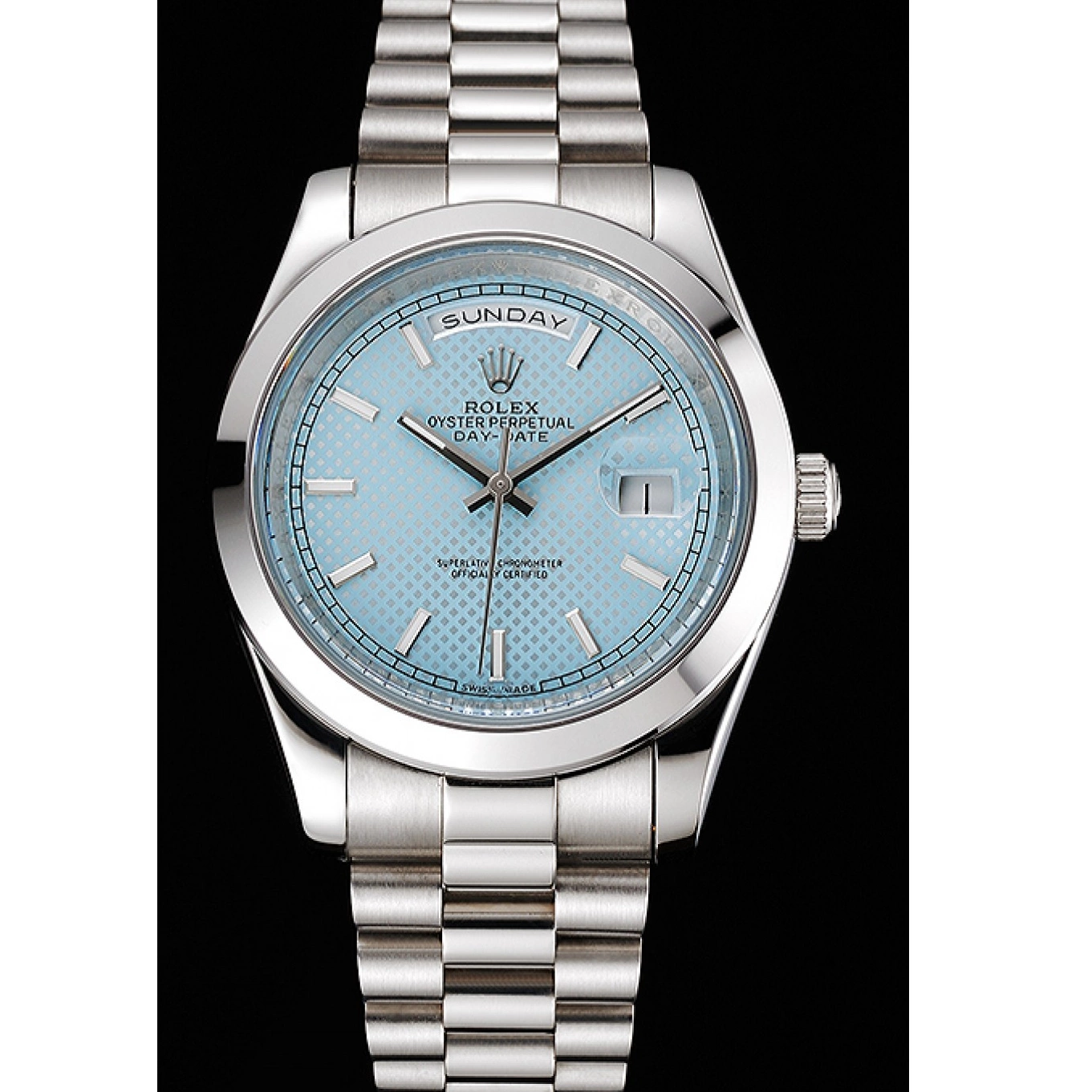 Aaa replica watch Day Rolex Dial Case Bracelet Blue Steel Ice And Date Stainless 40 0702